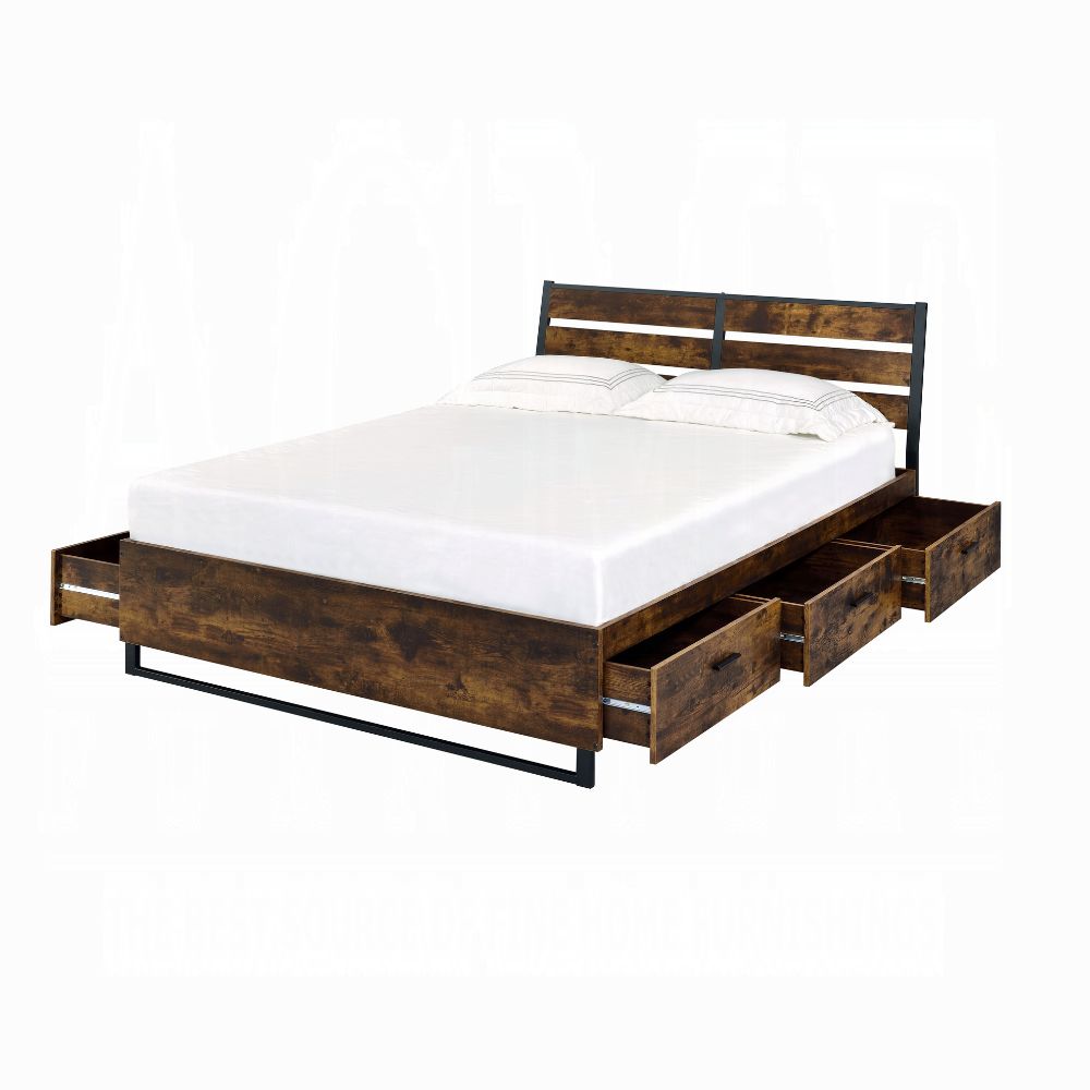 Radley Radley Juvanth Eastern King Rustic Oak Wood Bed – Industrial Style with Storage Drawers