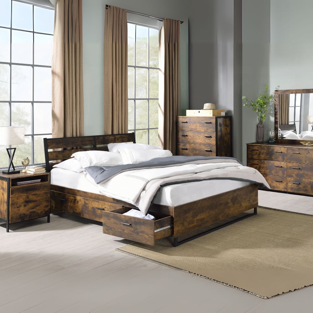 Radley Radley Juvanth Eastern King Rustic Oak Wood Bed – Industrial Style with Storage Drawers
