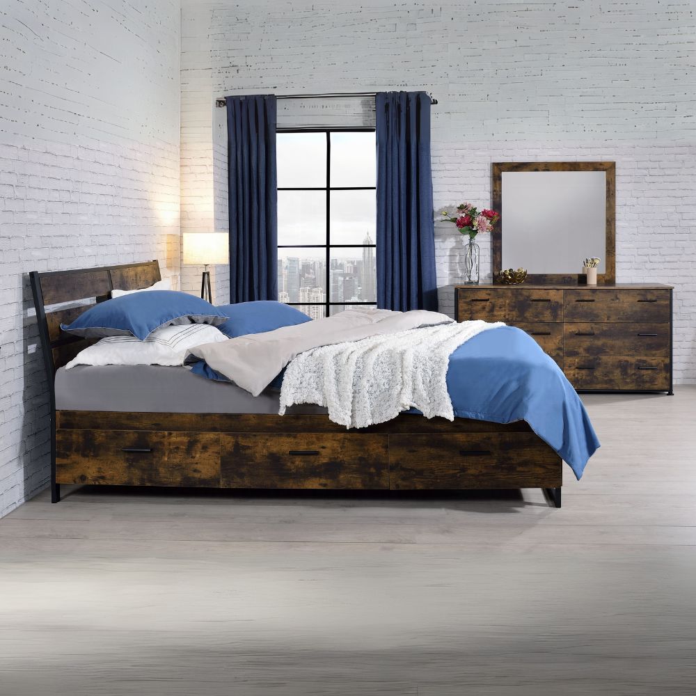 Radley Radley Juvanth Eastern King Rustic Oak Wood Bed – Industrial Style with Storage Drawers