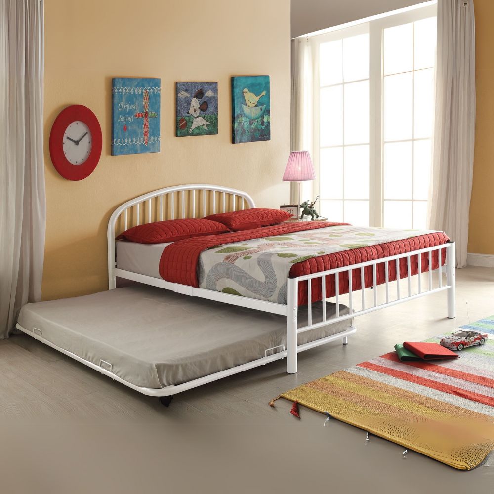 Ronald Cailyn Full White Metal Platform Bed – Sleek Design with Trundle Feature