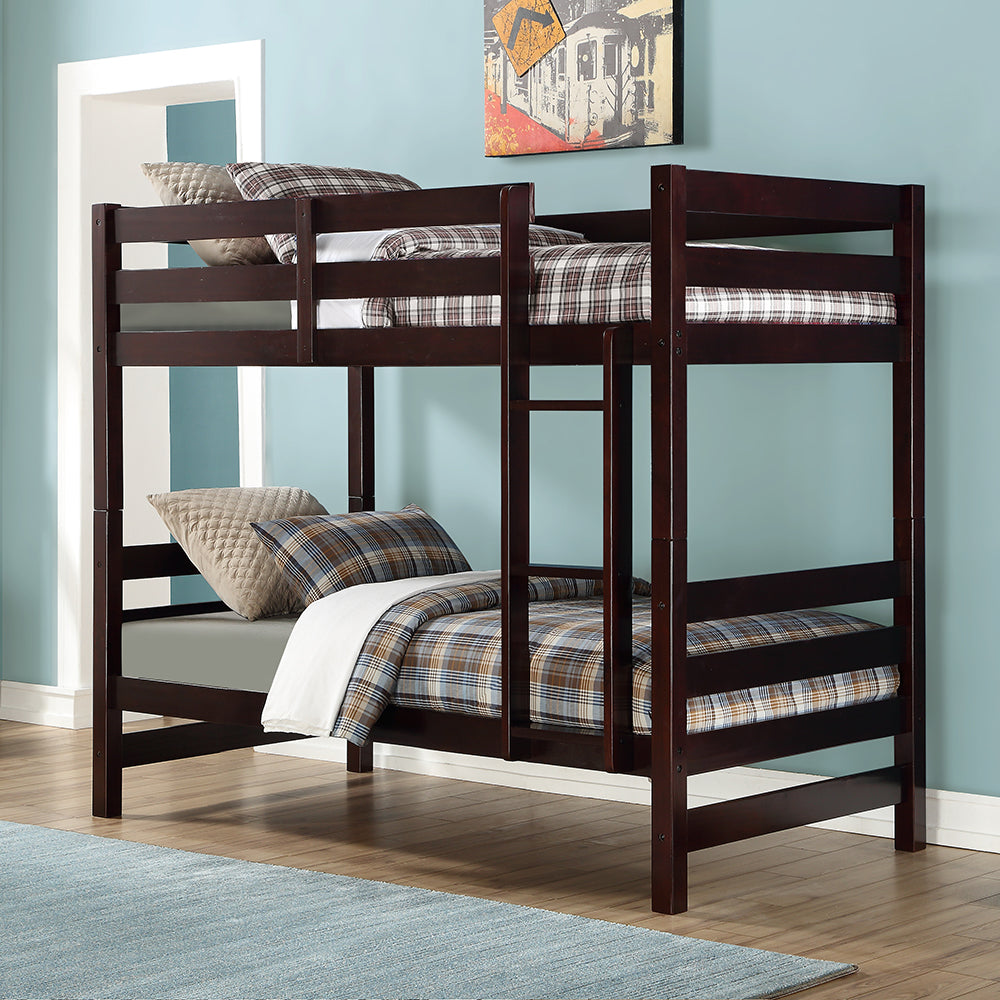 Capri Ronnie Traditional Twin over Twin Natural Pine Wooden Bunk Bed Classic Teenager Style with Guard Rails & Slatted Headboard