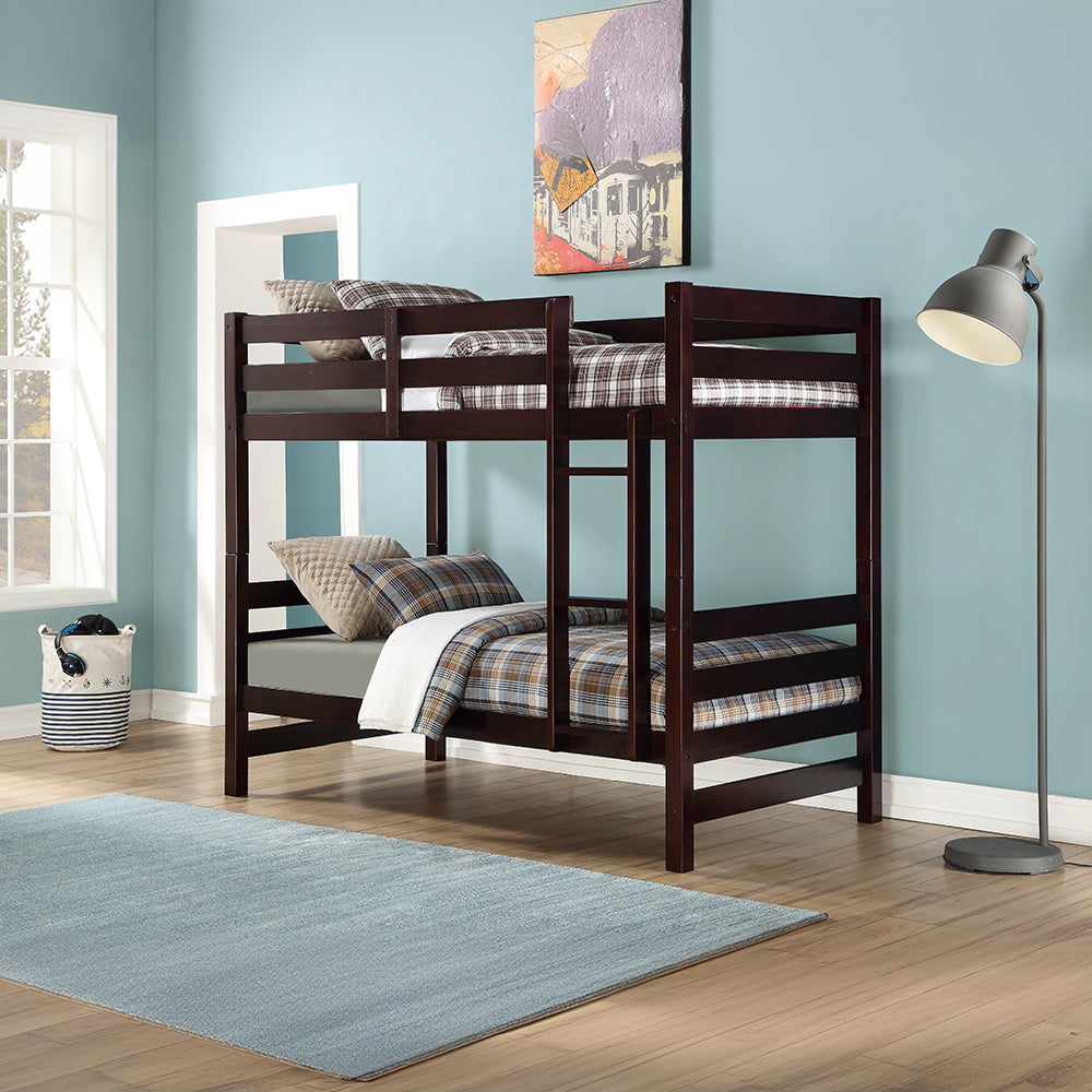 Capri Ronnie Traditional Twin over Twin Natural Pine Wooden Bunk Bed Classic Teenager Style with Guard Rails & Slatted Headboard