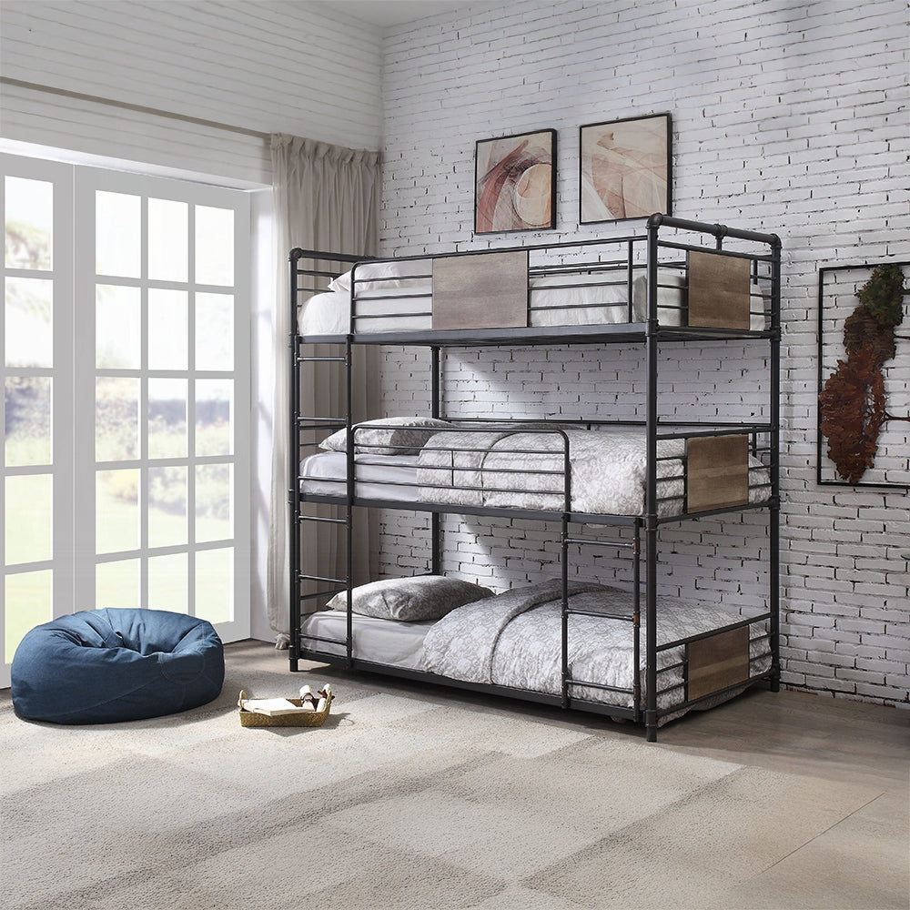 Velda Brantley Collection Triple Twin Black Metal Bunk Bed – Compact Design for Shared Rooms