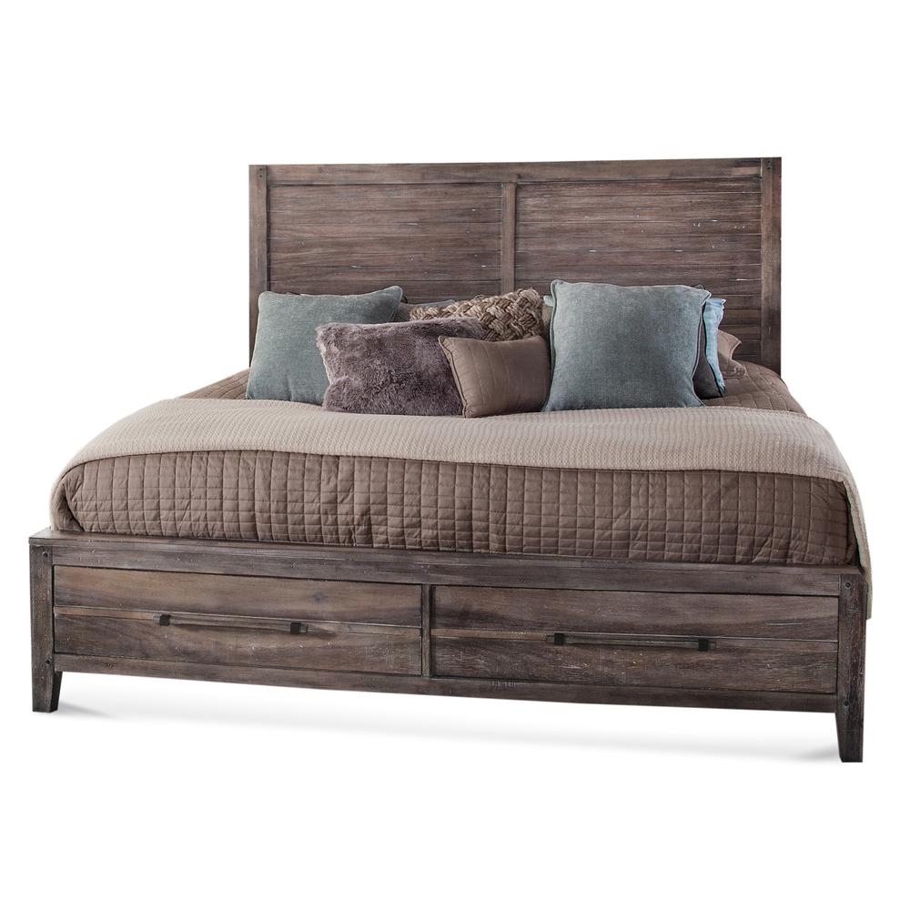 Reina Aurora Collection King Panel Bed Weathered Grey Wood – Storage Footboard, Farmhouse Style