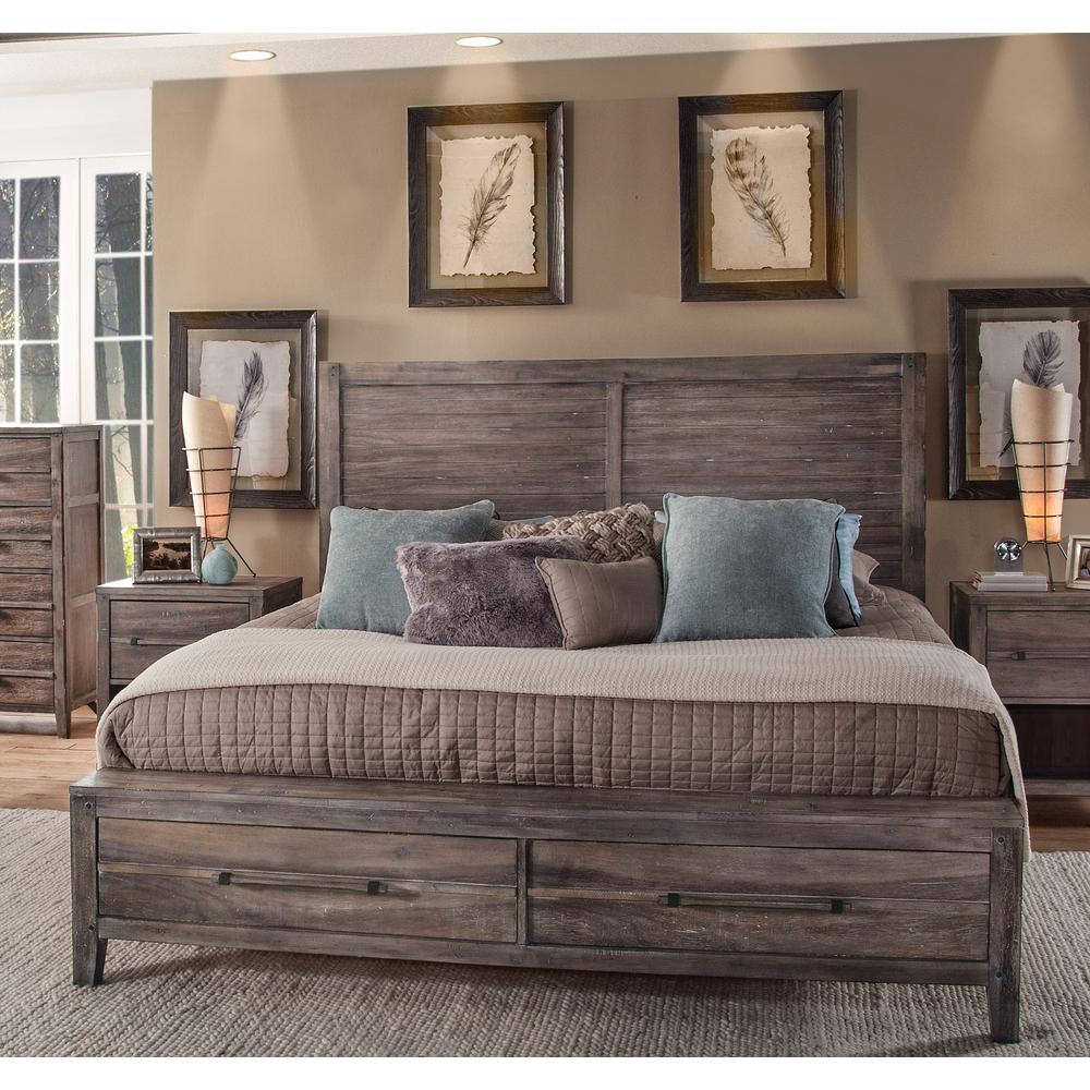 Reina Aurora Collection King Panel Bed Weathered Grey Wood – Storage Footboard, Farmhouse Style