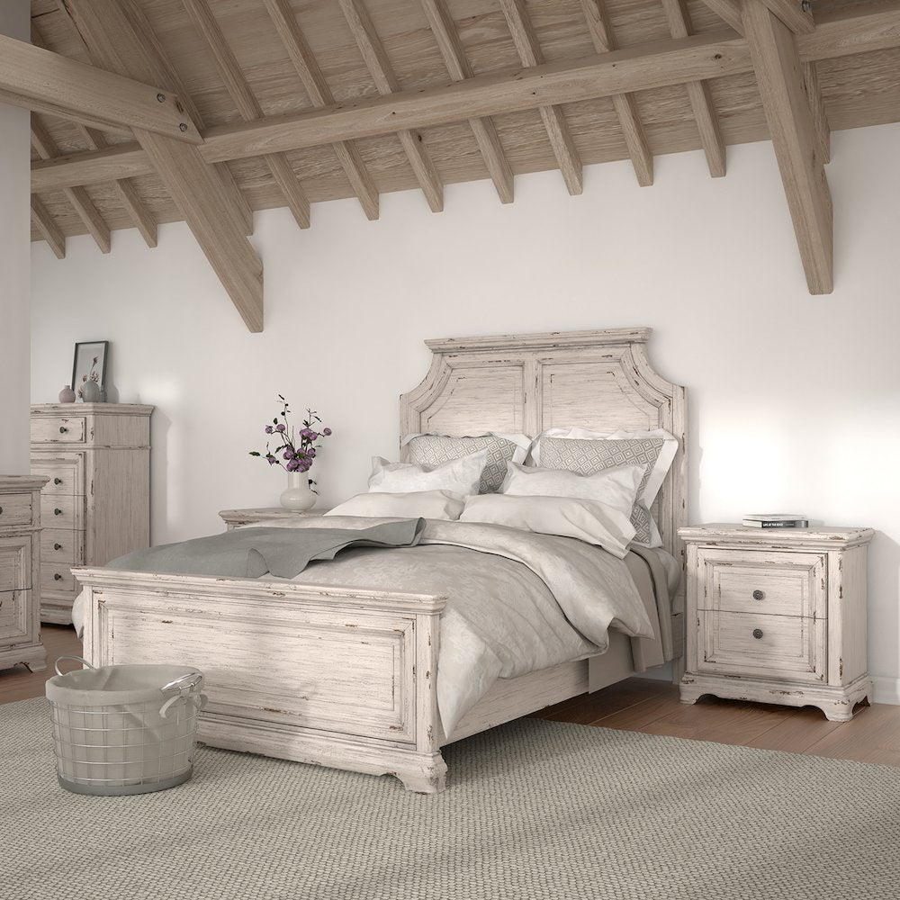 Zealia Providence King Panel Bed Antique White – Elegant Wood Frame with Molded Detailing