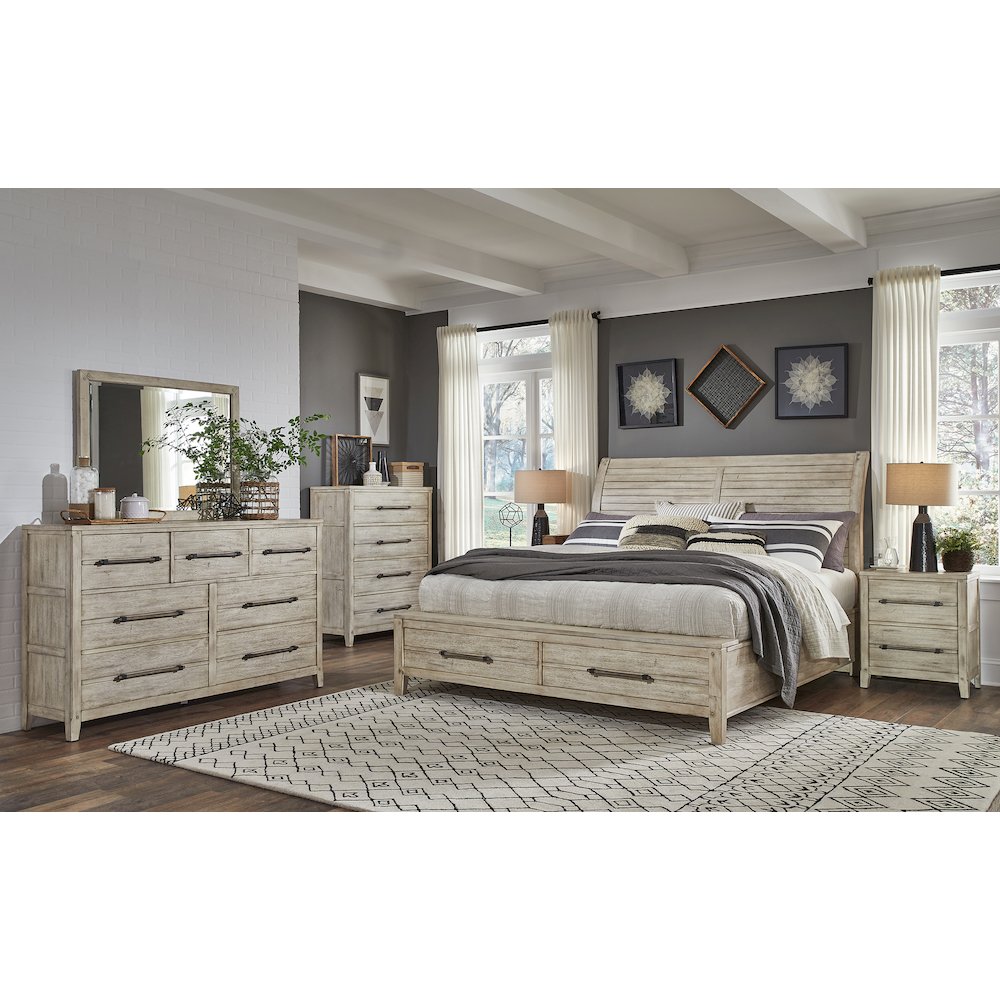 Libby Aurora King Whitewash Wood Sleigh Bed – Rustic Storage Footboard Design