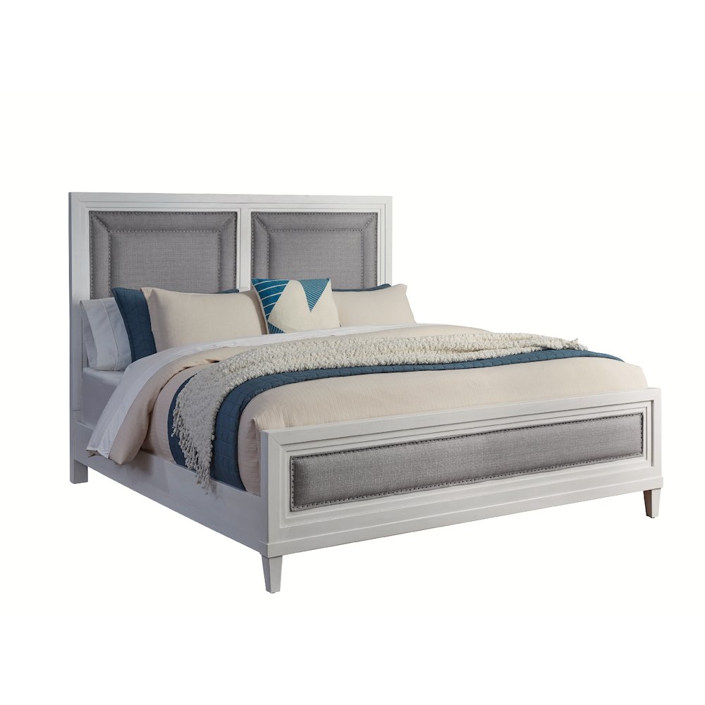 Bushwick Dunescape King White Upholstered Bed Coastal Style with Tufted Headboard