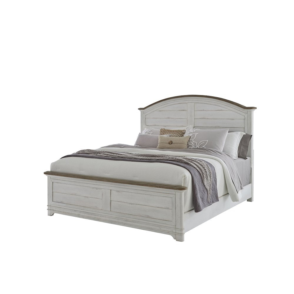 Corteau Meadowbrook King Whitewash Wood Bed – Arched Headboard & Sand Top Accents
