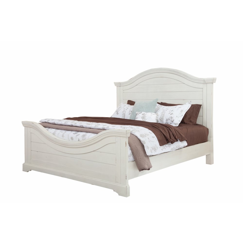 Armond Stonebrook Queen Panel Bed Distressed Antique White – Rustic Wood Frame & Crown Molding