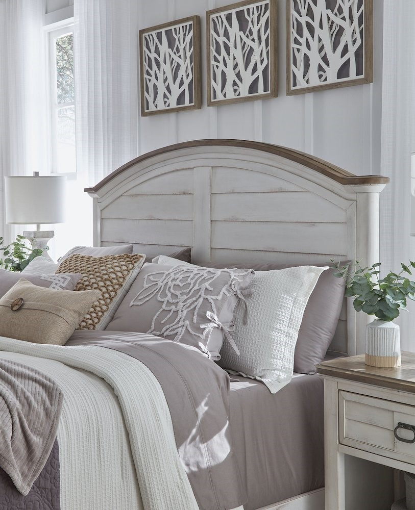Corteau Meadowbrook King Whitewash Wood Bed – Arched Headboard & Sand Top Accents