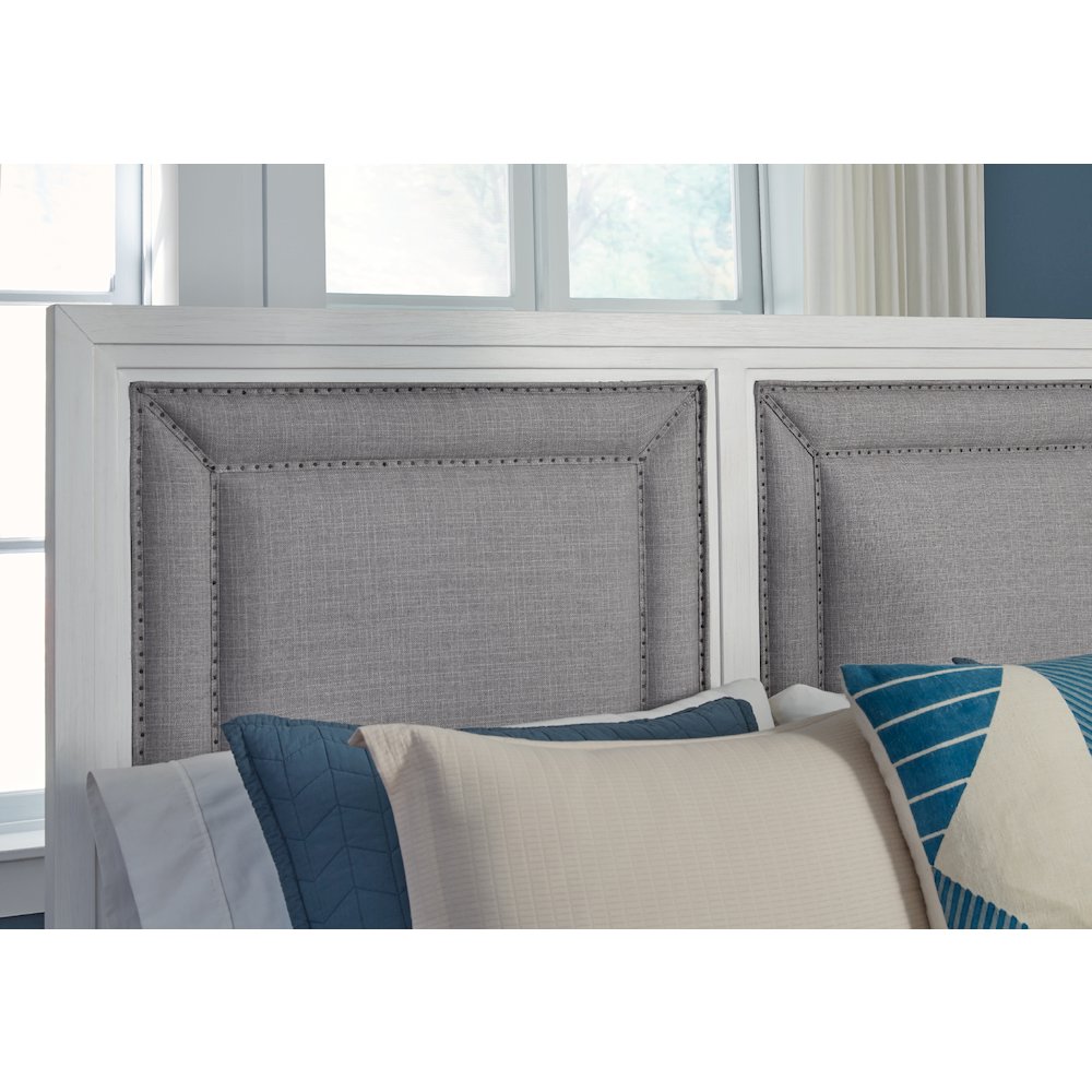 Hampton Dunescape Queen White Upholstered Bed Coastal Style with Padded Headboard