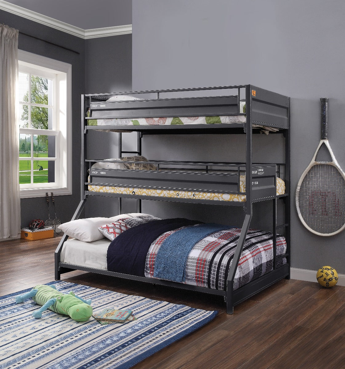 Presley Cargo Twin/Twin/Full Gunmetal Metal Bunk Bed Industrial Triple Bunk with Ladder