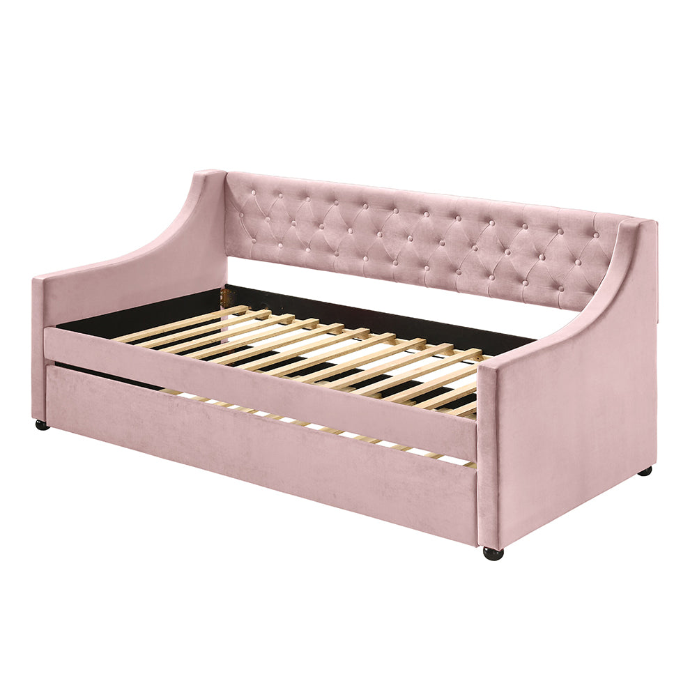 Daniel Lianna Collection Twin Daybed – Pink Velvet Upholstery & Pull-Out Trundle