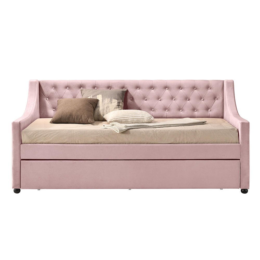Daniel Lianna Collection Twin Daybed – Pink Velvet Upholstery & Pull-Out Trundle