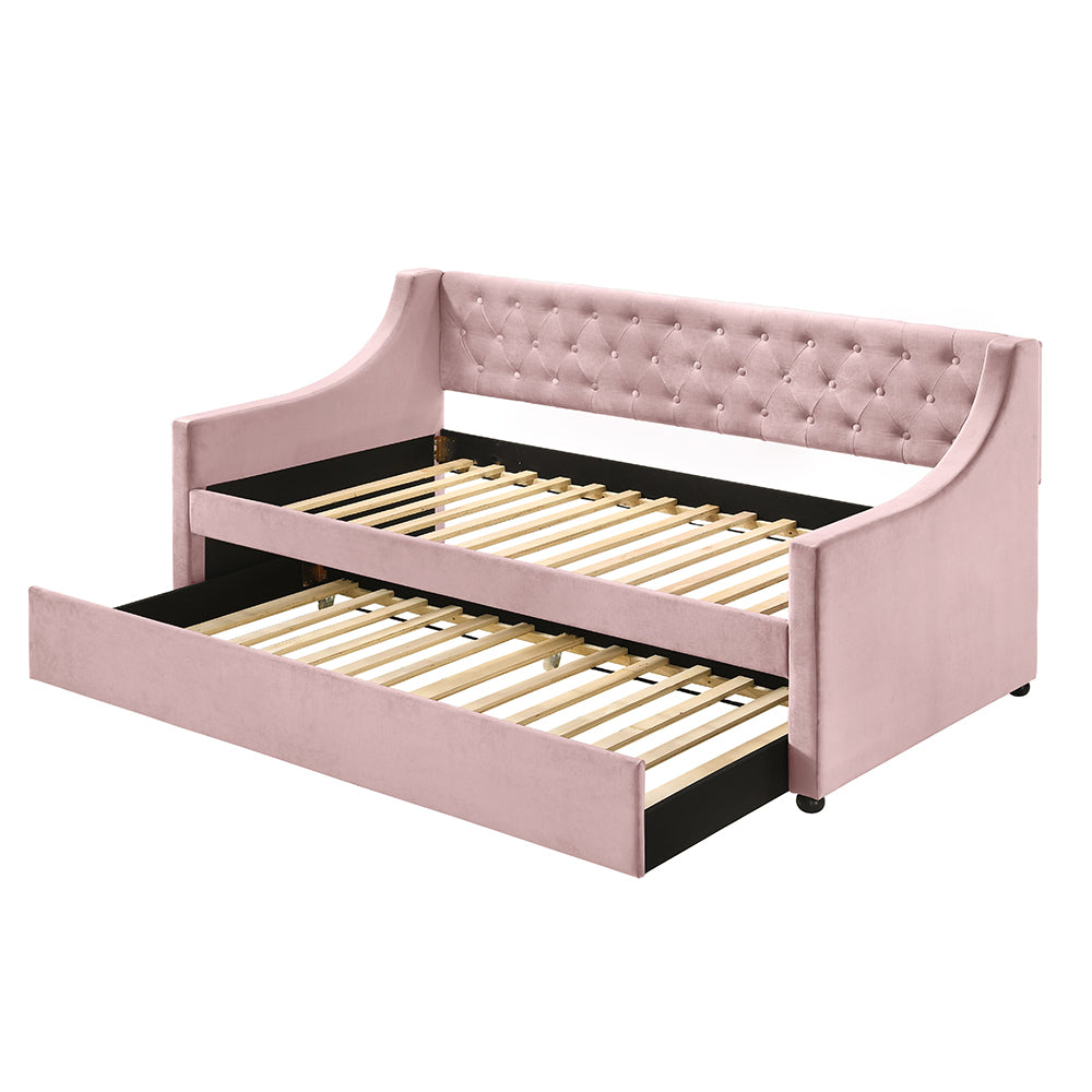 Daniel Lianna Collection Twin Daybed – Pink Velvet Upholstery & Pull-Out Trundle