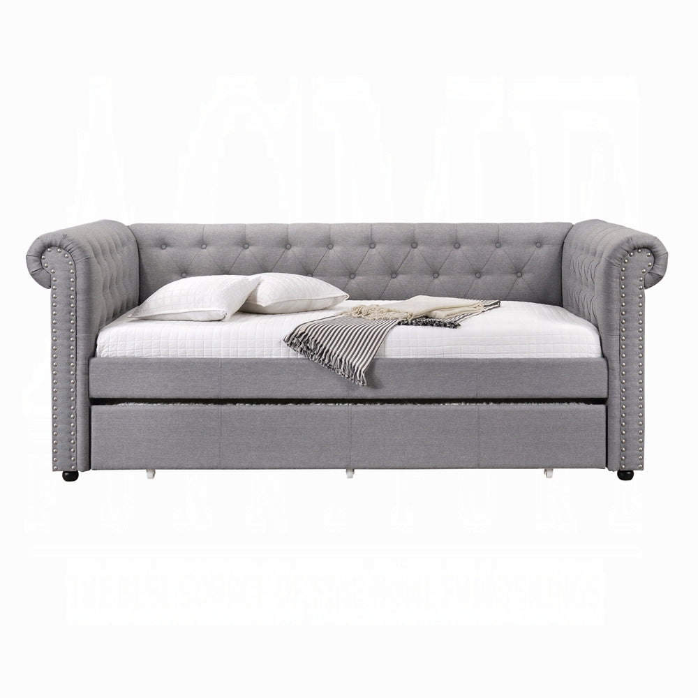 Caleb Justice Twin Upholstered Daybed Smoke Gray Fabric with Pull-Out Trundle Bed