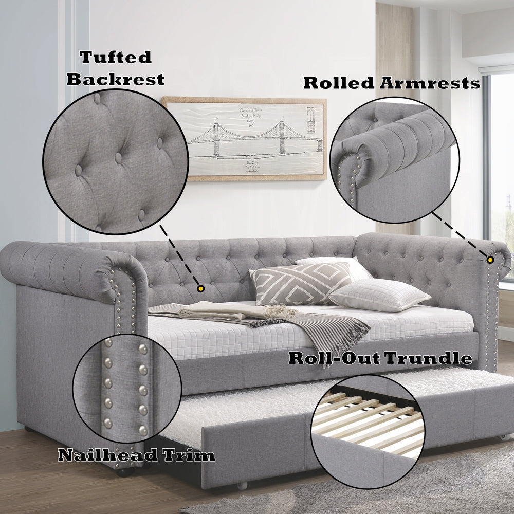 Caleb Justice Twin Upholstered Daybed Smoke Gray Fabric with Pull-Out Trundle Bed