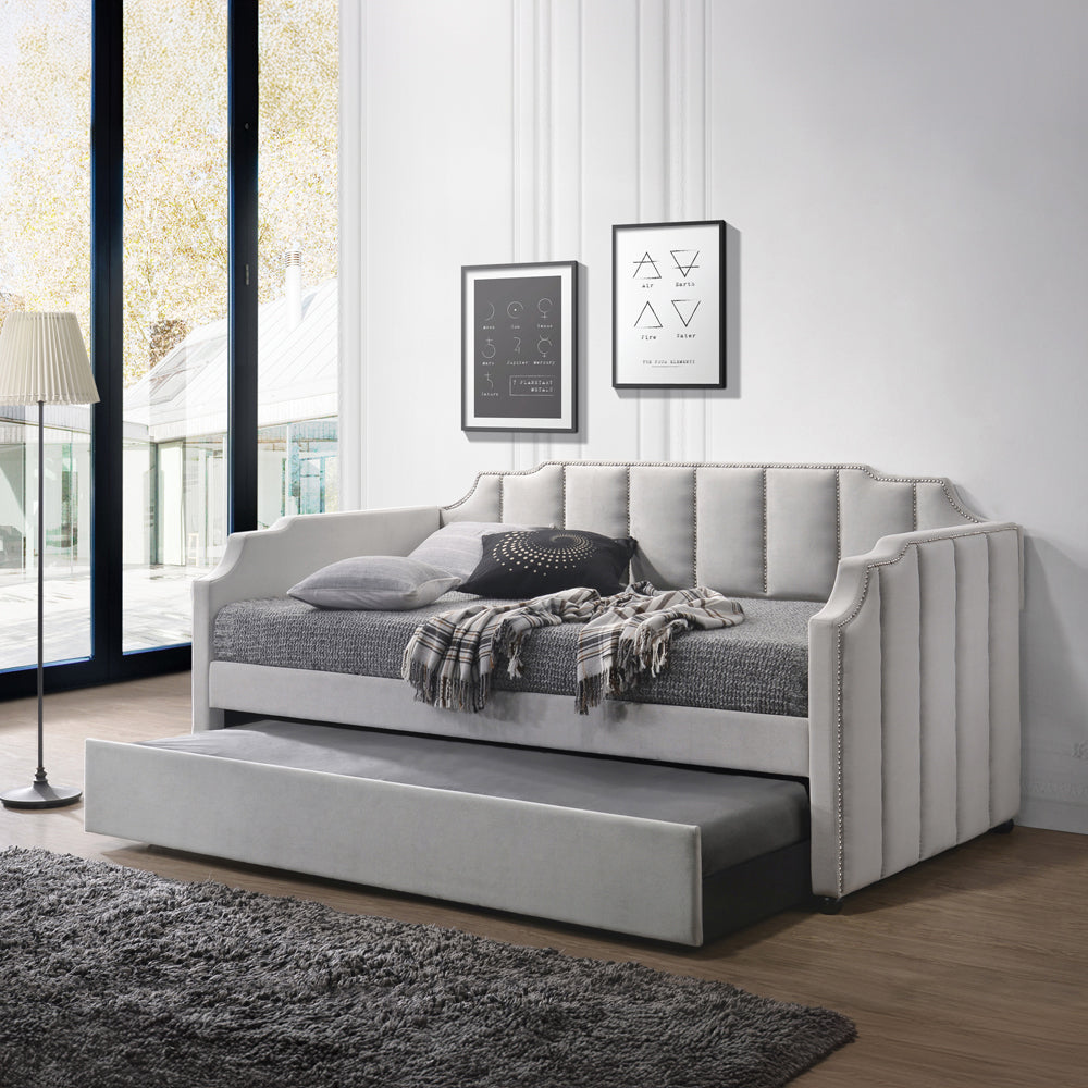 Beacon Peridot Collection Twin Gray Velvet Upholstered Daybed – Trundle Included
