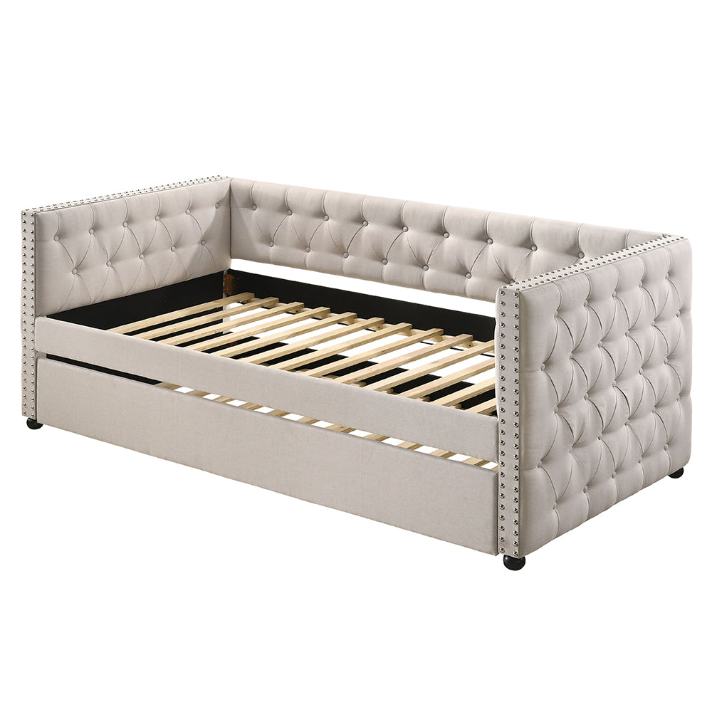 Amina Romona Full Beige Upholstered Daybed with Trundle Space-Saving Design