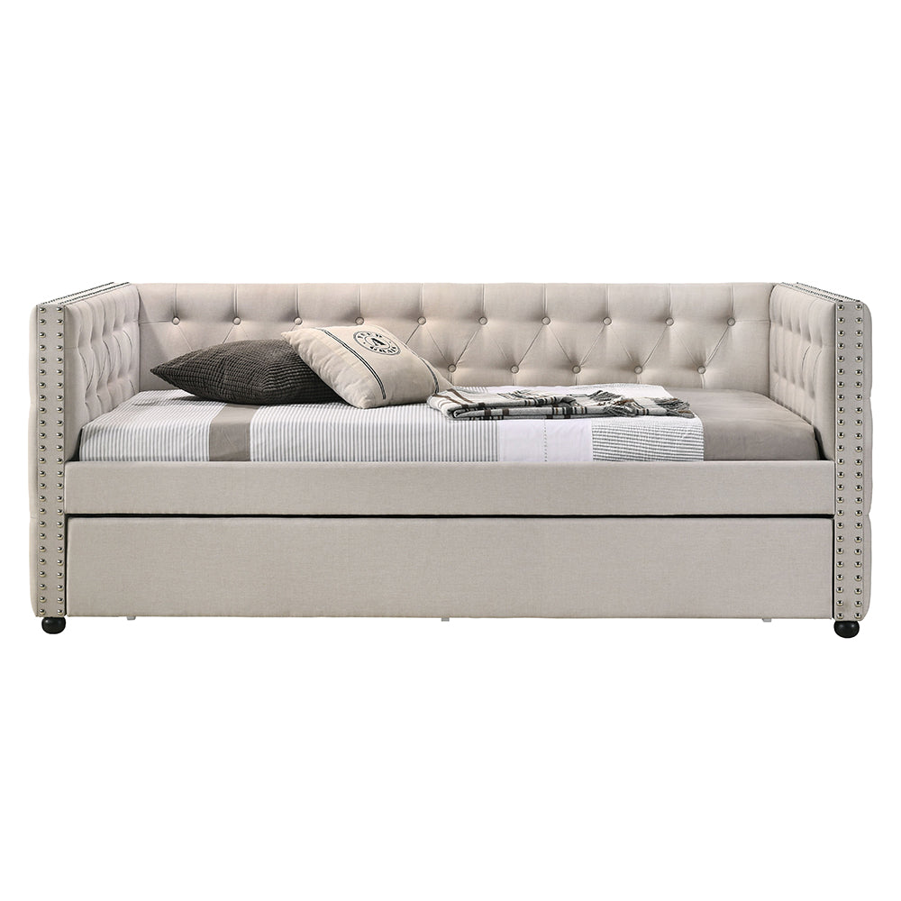 Amina Romona Full Beige Upholstered Daybed with Trundle Space-Saving Design
