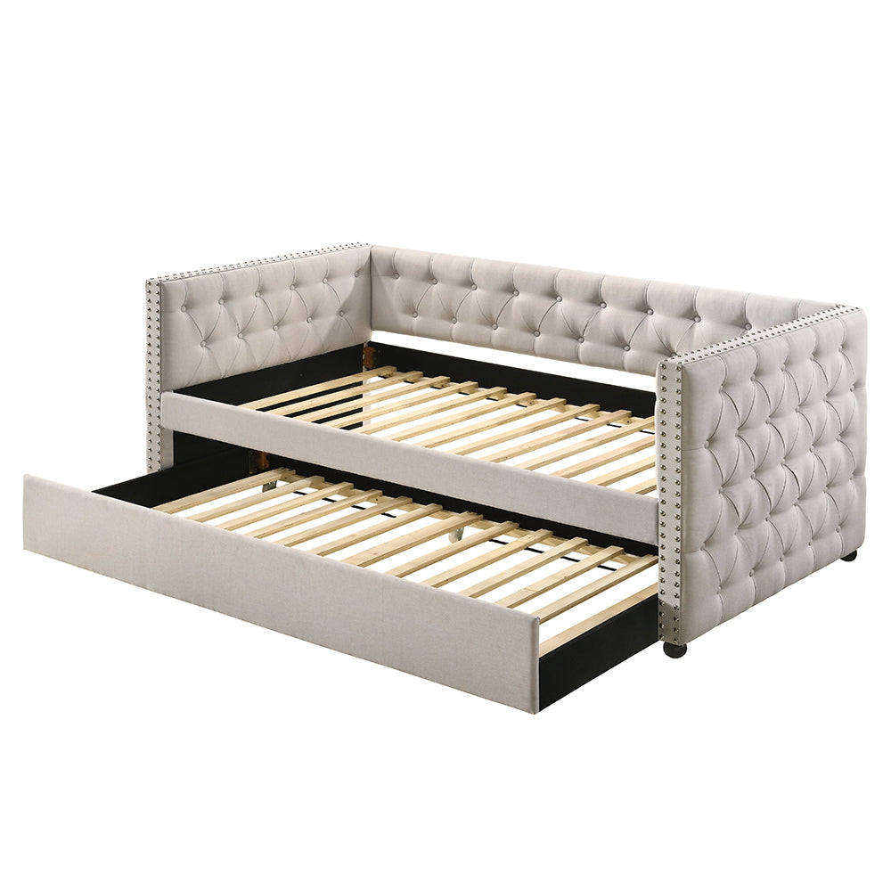 Amina Romona Full Beige Upholstered Daybed with Trundle – Space-Saving Design