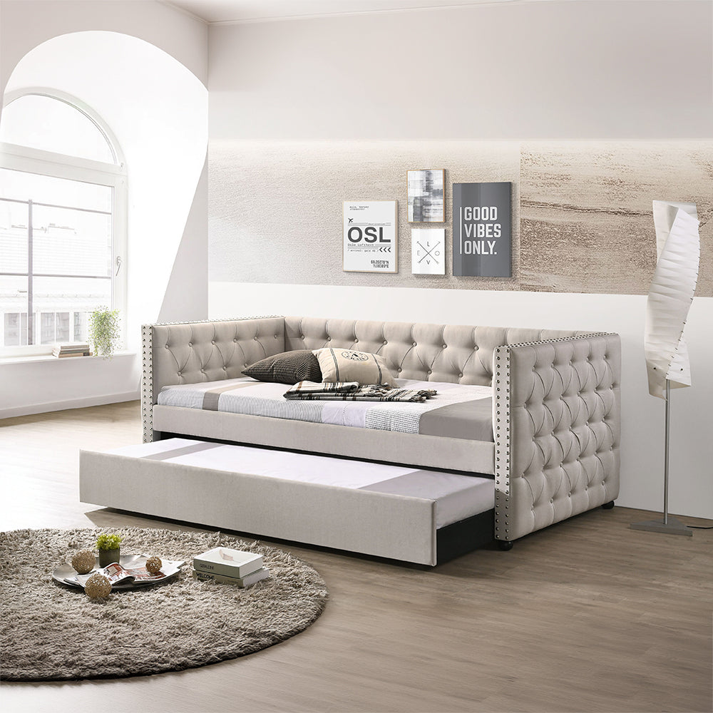 Amina Romona Full Beige Upholstered Daybed with Trundle – Space-Saving Design