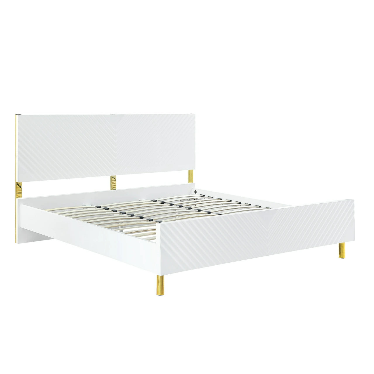 Delhi Gaines Queen Gloss White Wooden Bed – Chic Modern Platform with Clean Lines & Gold Hardware