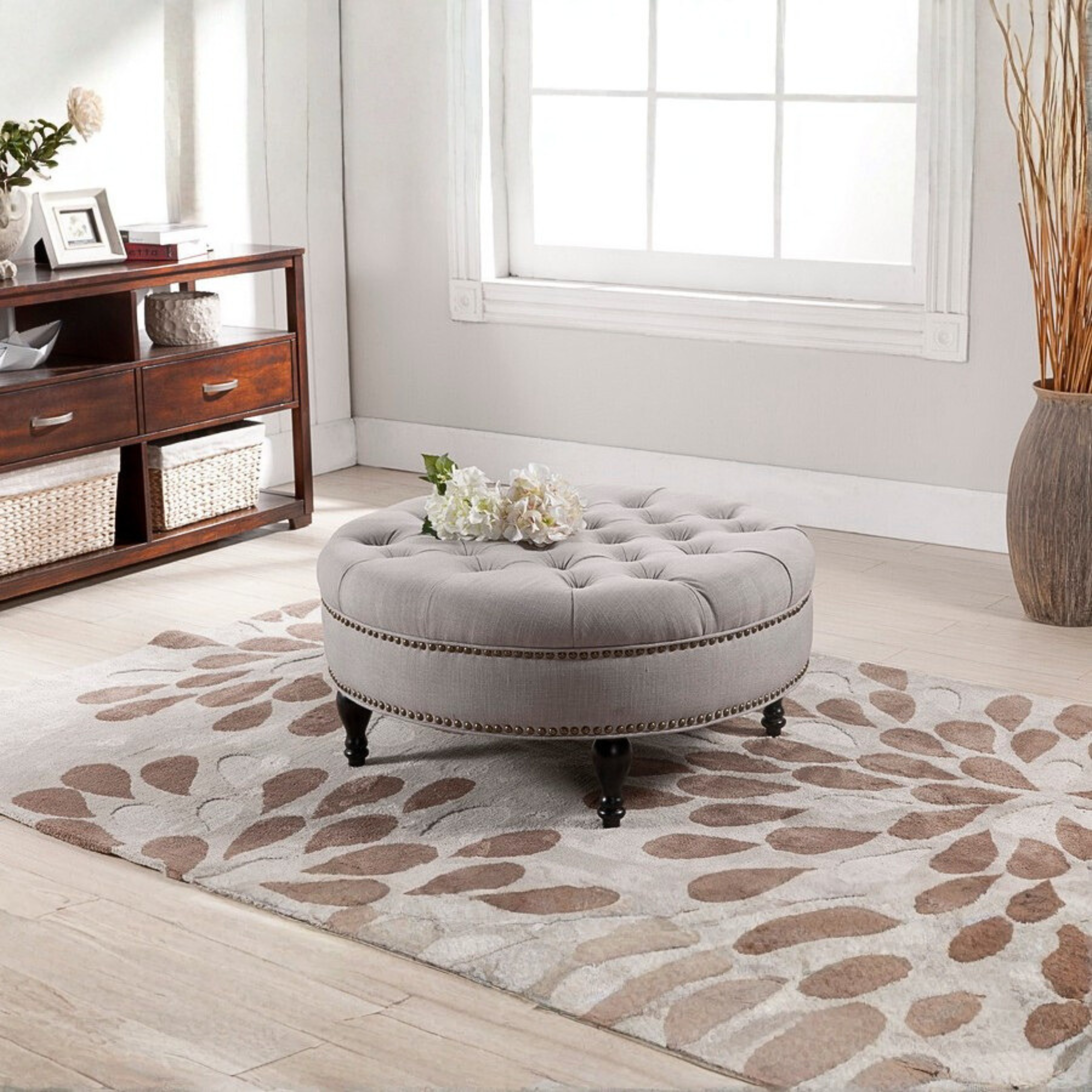 Palfrey Beige Linen Modern Tufted Ottoman