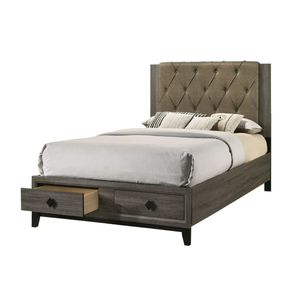 Kaden Avantika Collection Eastern King Bed Rustic Gray Oak – Fabric Upholstered Storage Frame