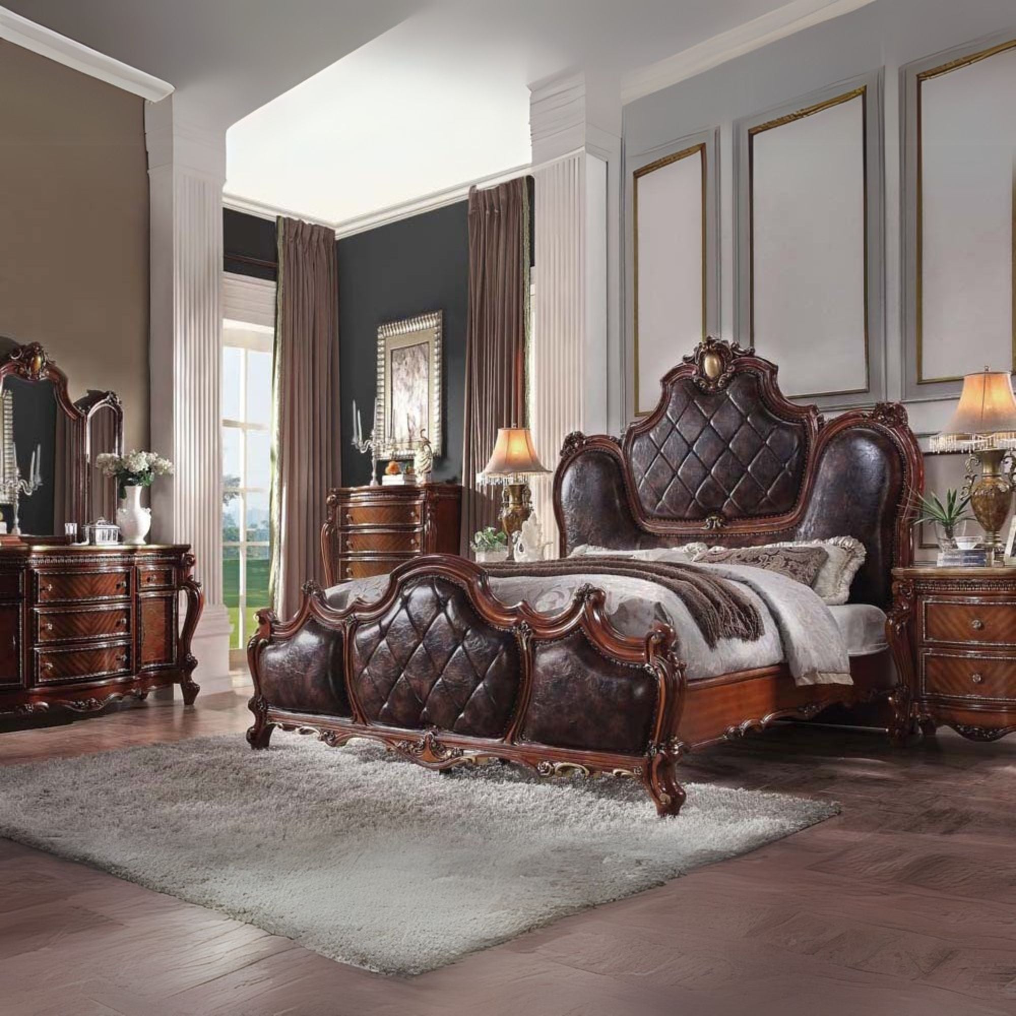 Tushar Picardy California King Honey Oak Synthetic Leather Upholstered Bed – European Antique Style with Scrolled Moldings