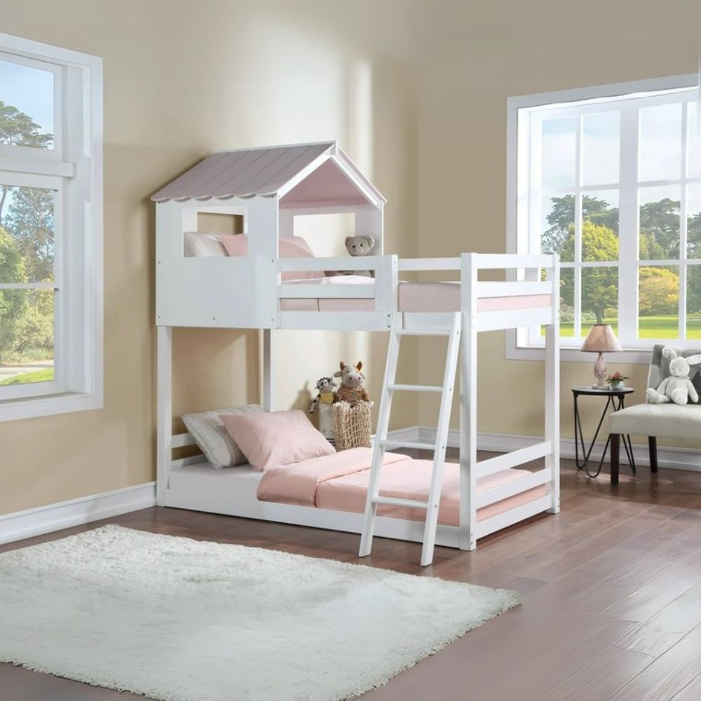 Fable Solenne Collection Twin White & Pink Wooden Bunk Bed – Traditional Twin Sleeper with Safety Features