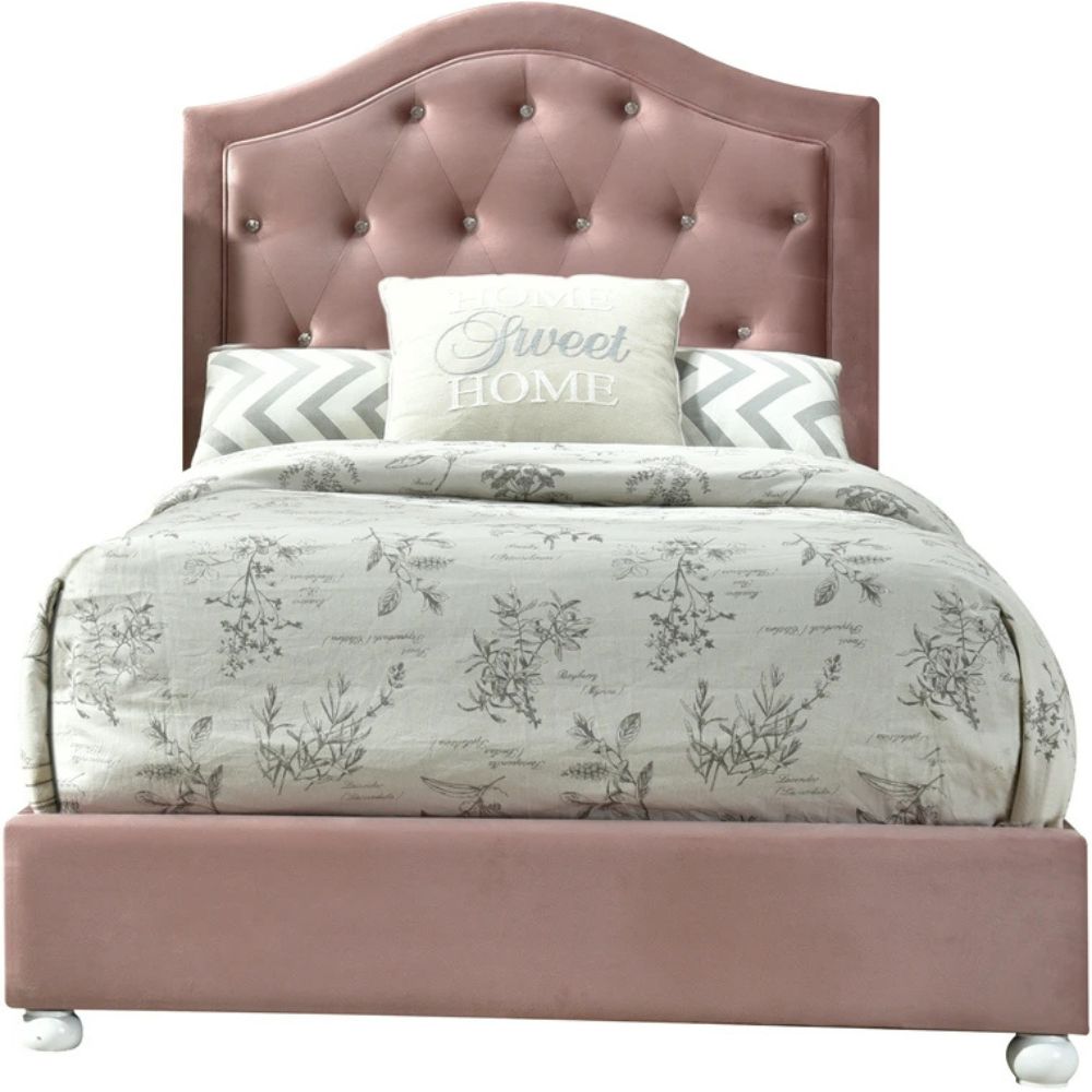 Archi Reggie Collection Twin Pink Fabric Bed Modern Style with Faux Crystal Trim