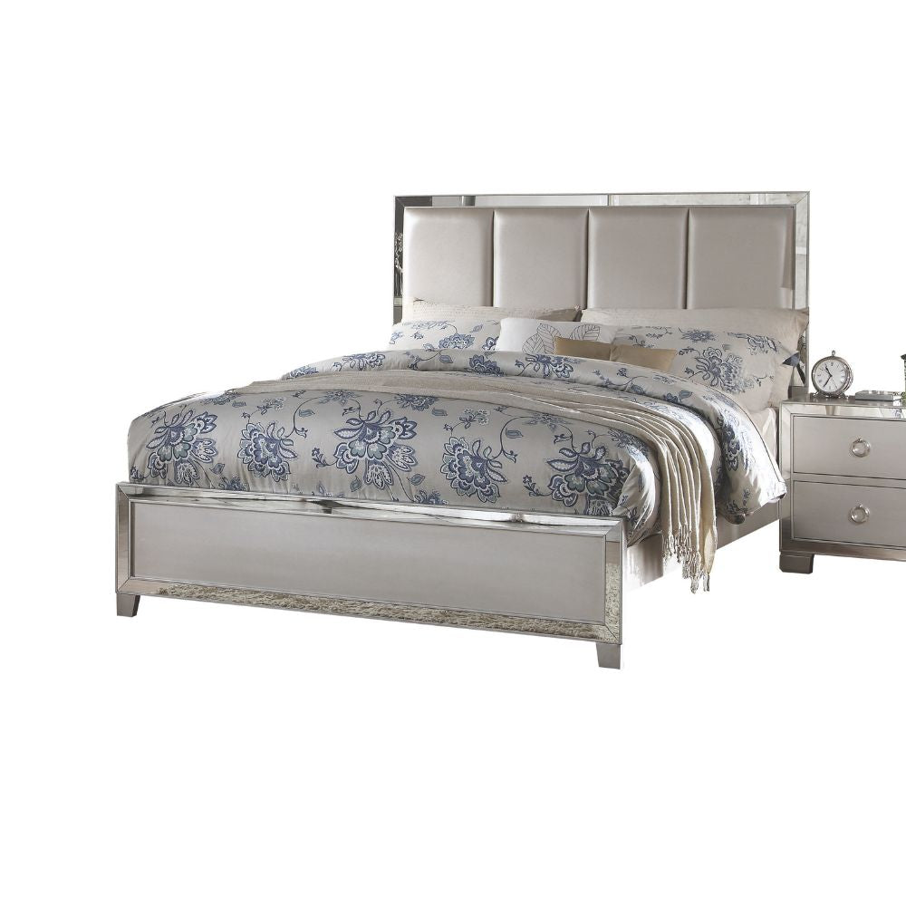 Jeeval Voeville II Queen Upholstered Bed in Platinum Faux Leather – LED Light & Mirror Accents