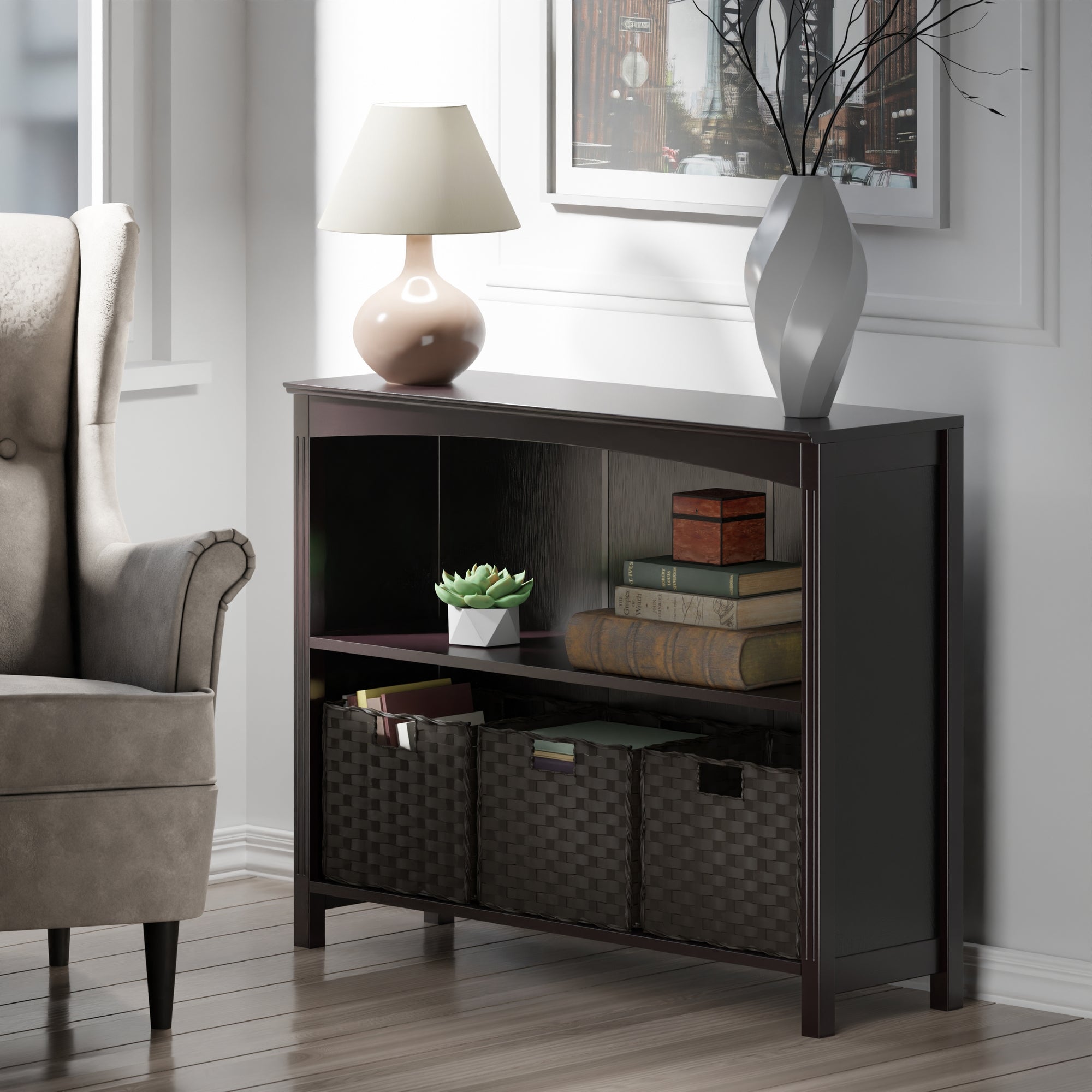 Terrace 4-Pc Storage Shelf accompanied by 3 Foldable Woven Baskets, in Walnut and Chocolate