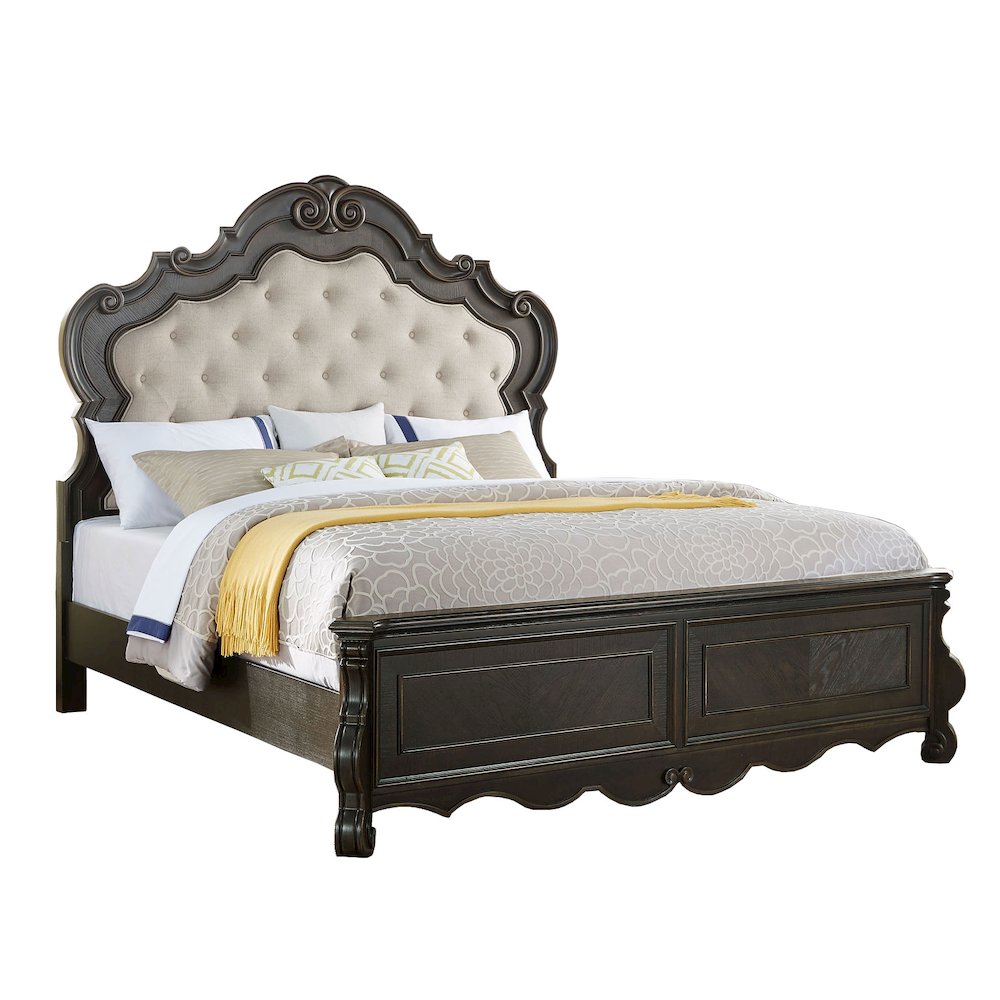 Molasses Rhapsody King Bed Beige Fabric Upholstered Bed – Tufted Headboard & Modern Design