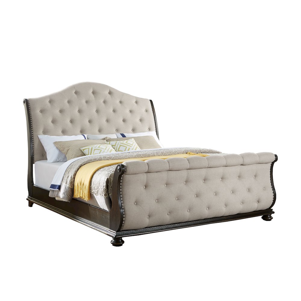 Nira Rhapsody King Distressed White Wood Sleigh Bed – Curved Vintage Style