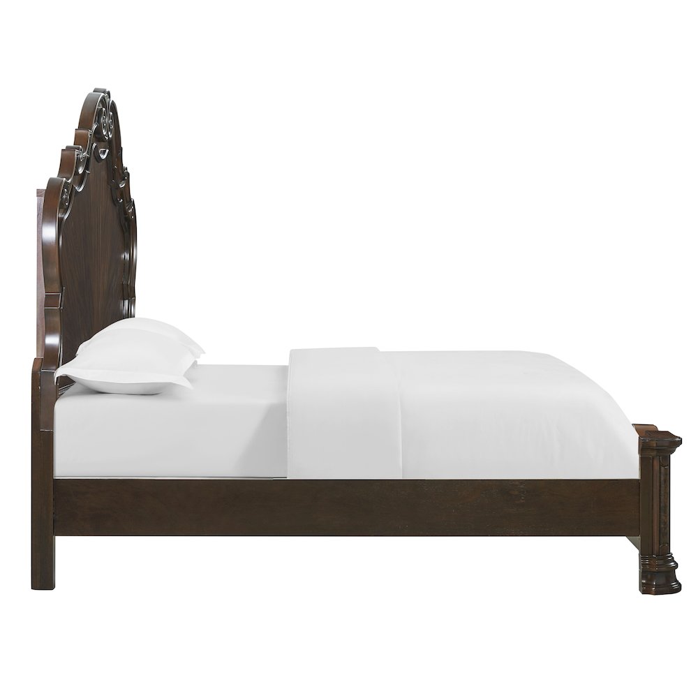 Acosta Royale King Espresso Wood Upholstered Bed – Traditional Style with Curved Headboard
