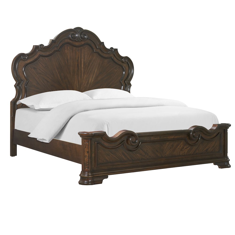 Acosta Royale King Espresso Wood Upholstered Bed – Traditional Style with Curved Headboard