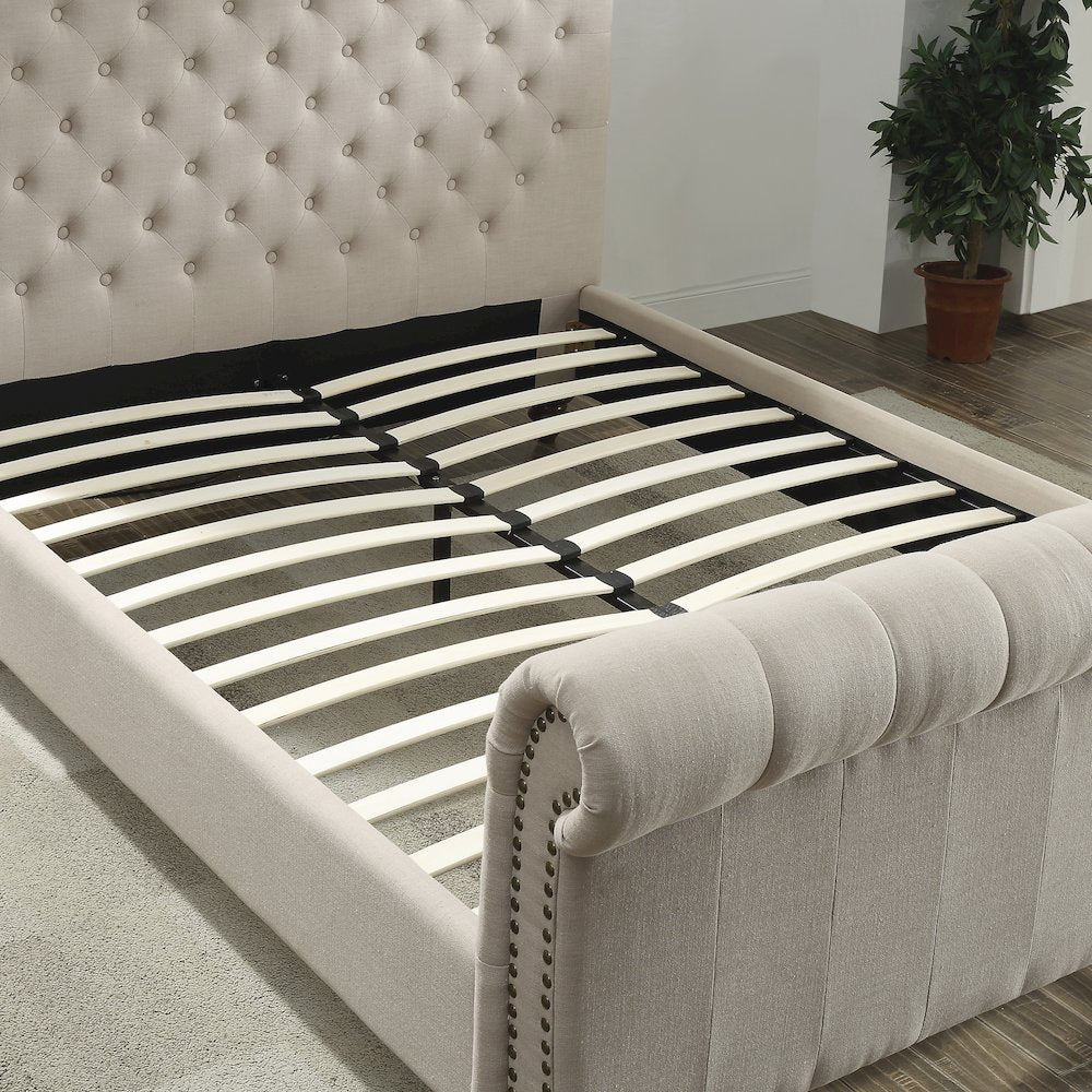 Fuller Swanson King Sand Beige Upholstered Sleigh Bed – Tufted Wingback Headboard