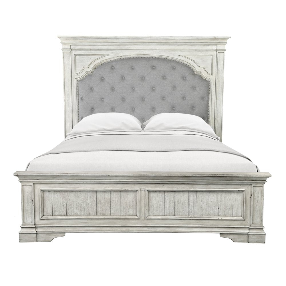 Ivory Highland Park King Rustic Ivory Wood Bed – Farmhouse Style with Panel Headboard