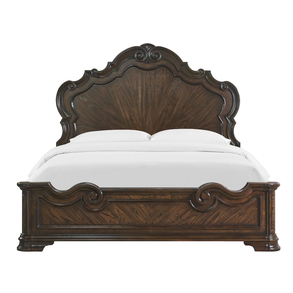 Acosta Royale King Espresso Wood Upholstered Bed – Traditional Style with Curved Headboard