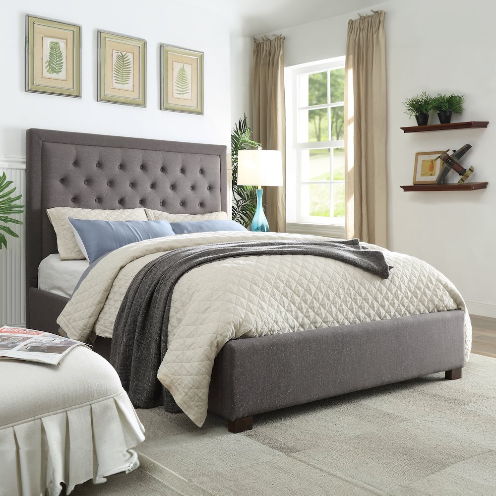Calidore Isadora Queen Bed in Gray Fabric – Contemporary Style with Padded Headboard