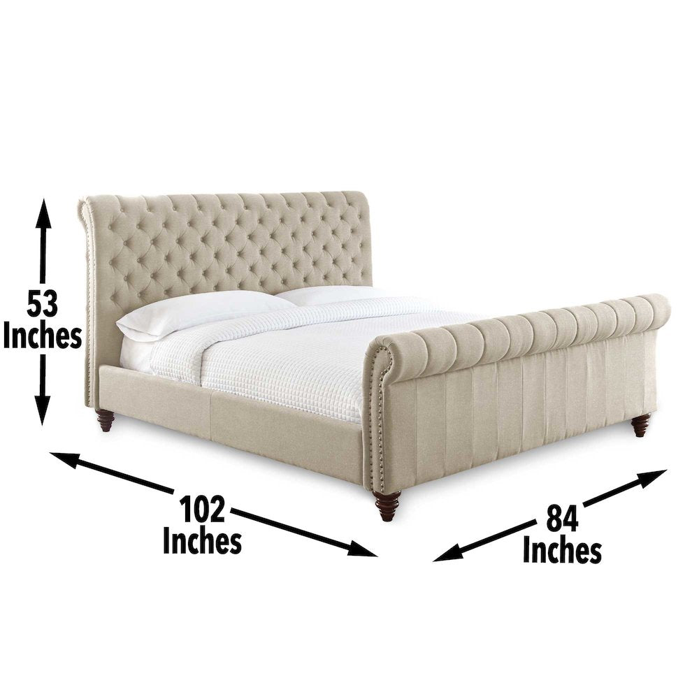 Fuller Swanson King Sand Beige Upholstered Sleigh Bed – Tufted Wingback Headboard