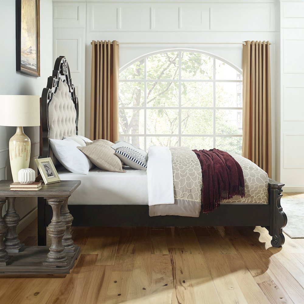 Molasses Rhapsody King Bed Beige Fabric Upholstered Bed – Tufted Headboard & Modern Design