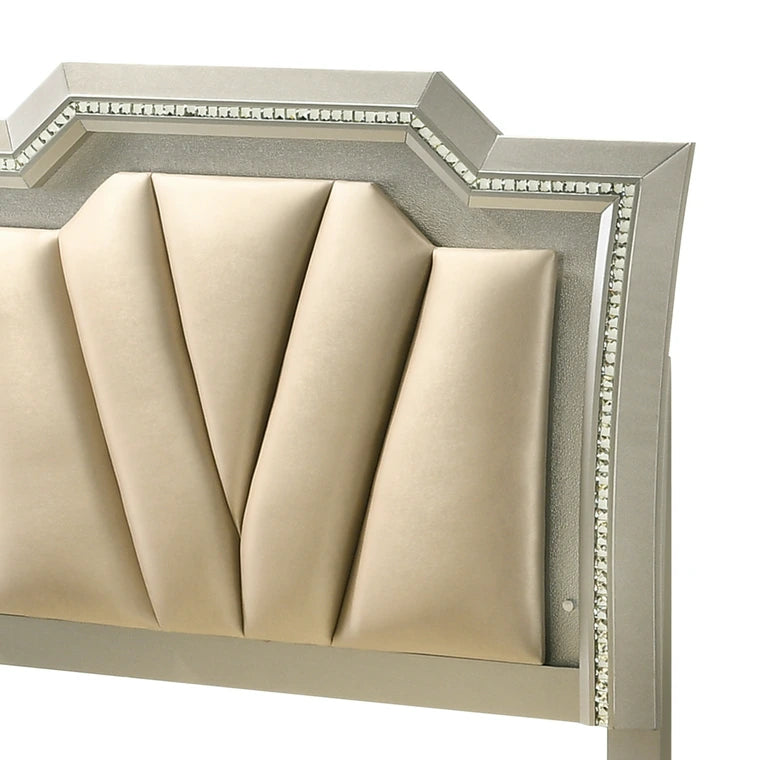 Tarah Kaitlyn Collection Twin Bed Champagne Faux Leather – LED Headboard & Tufted Design