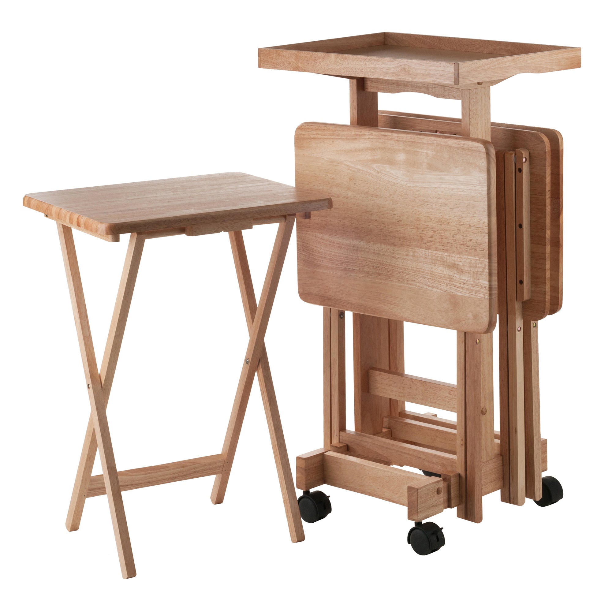 Isabelle Set of 4 Snack Tables with Mobile Stand and Removable Tray, Natural