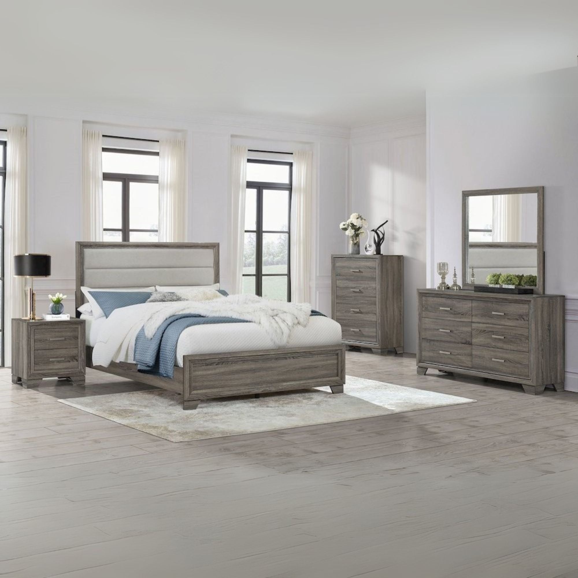 Tiana Wright Collection Queen Brown Oak Upholstered Bed – Transitional Style with Foam Padded Headboard