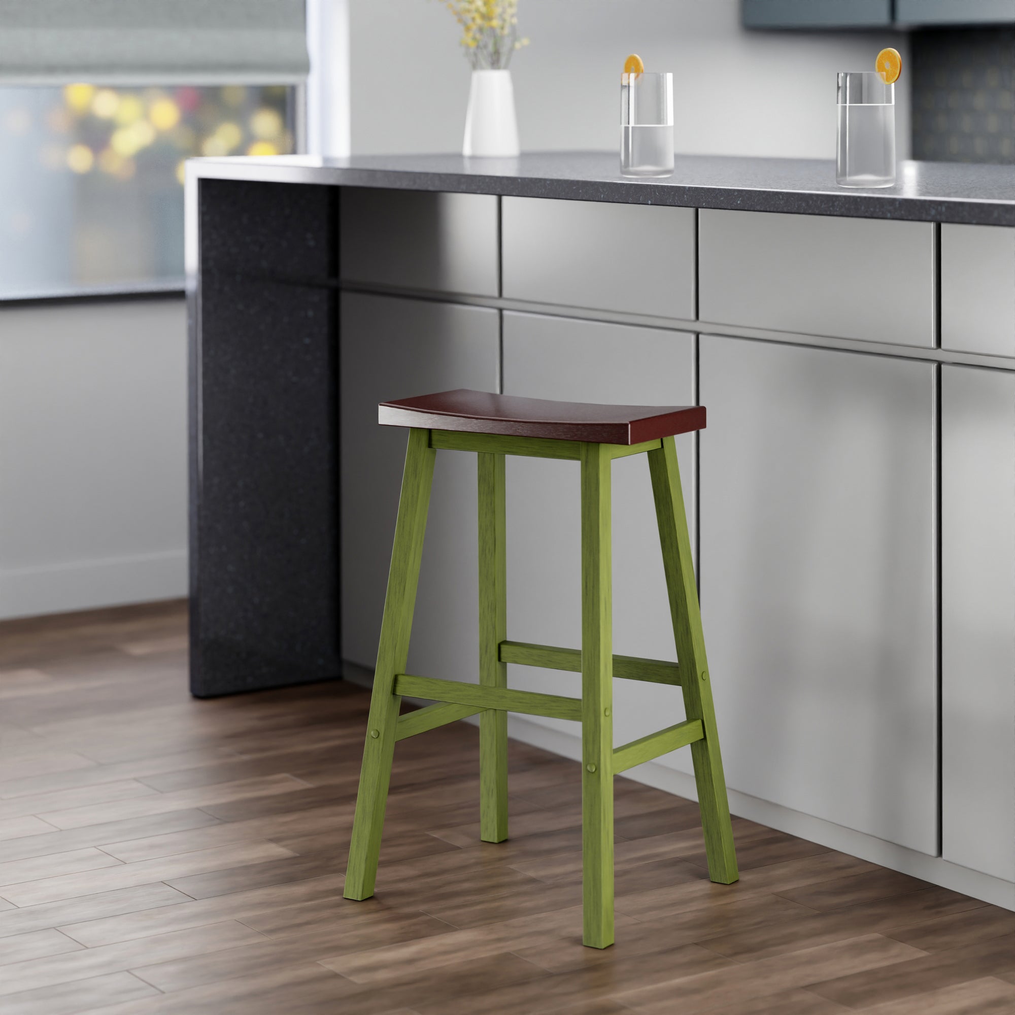 Satori Saddle Seat Bar Stool, Rustic Green and Walnut
