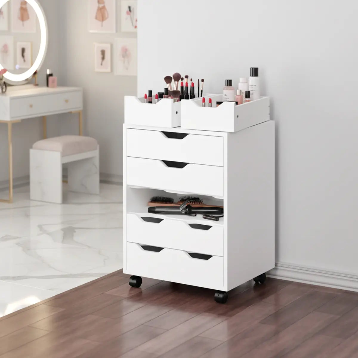 Norfolk 6 Bins, 2 Drawer Mobile Cabinet, White Finish